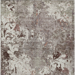 Homeroots 3' Elegant Brown Green Ivory Damask Washable Area Rug For Indoor And Outdoor Spaces - Durable Design 5' X 8' Polyester 596400