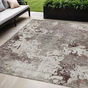 Homeroots 3' Elegant Brown Green Ivory Damask Washable Area Rug For Indoor And Outdoor Spaces - Durable Design 5' X 8' Polyester 596400