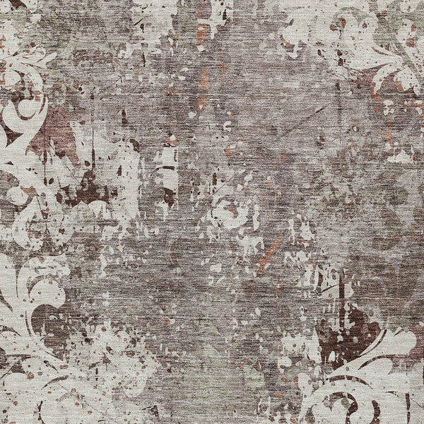 Homeroots 3' Elegant Brown Green Ivory Damask Washable Area Rug For Indoor And Outdoor Spaces - Durable Design 5' X 8' Polyester 596400