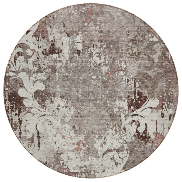 HomeRoots 5' Elegant Taupe Ivory Brown Damask Area Rug - Washable, Durable, Indoor/Outdoor Versatility 8' Round 596401