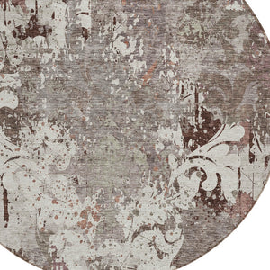 Homeroots 3' Elegant Brown Green Ivory Damask Washable Area Rug For Indoor And Outdoor Spaces - Durable Design 8' Round Polyester 596401