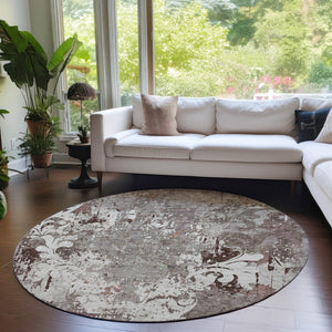 Homeroots 3' Elegant Brown Green Ivory Damask Washable Area Rug For Indoor And Outdoor Spaces - Durable Design 8' Round Polyester 596401