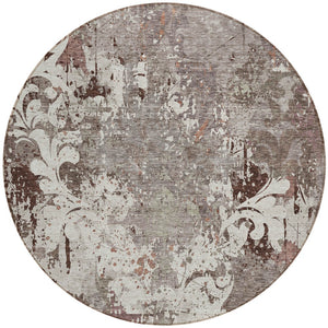 Homeroots 3' Elegant Brown Green Ivory Damask Washable Area Rug For Indoor And Outdoor Spaces - Durable Design 8' Round Polyester 596401