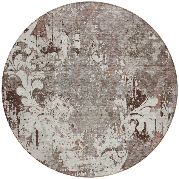 Homeroots 3' Elegant Brown Green Ivory Damask Washable Area Rug For Indoor And Outdoor Spaces - Durable Design 8' Round Polyester 596401