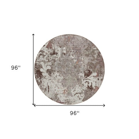 Homeroots 3' Elegant Brown Green Ivory Damask Washable Area Rug For Indoor And Outdoor Spaces - Durable Design 8' Round Polyester 596401