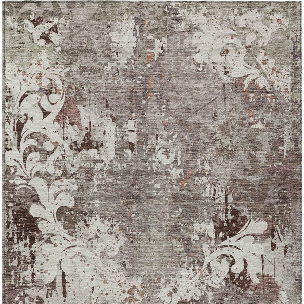 Homeroots 3' Elegant Brown Green Ivory Damask Washable Area Rug For Indoor And Outdoor Spaces - Durable Design 9' X 12' Polyester 596403