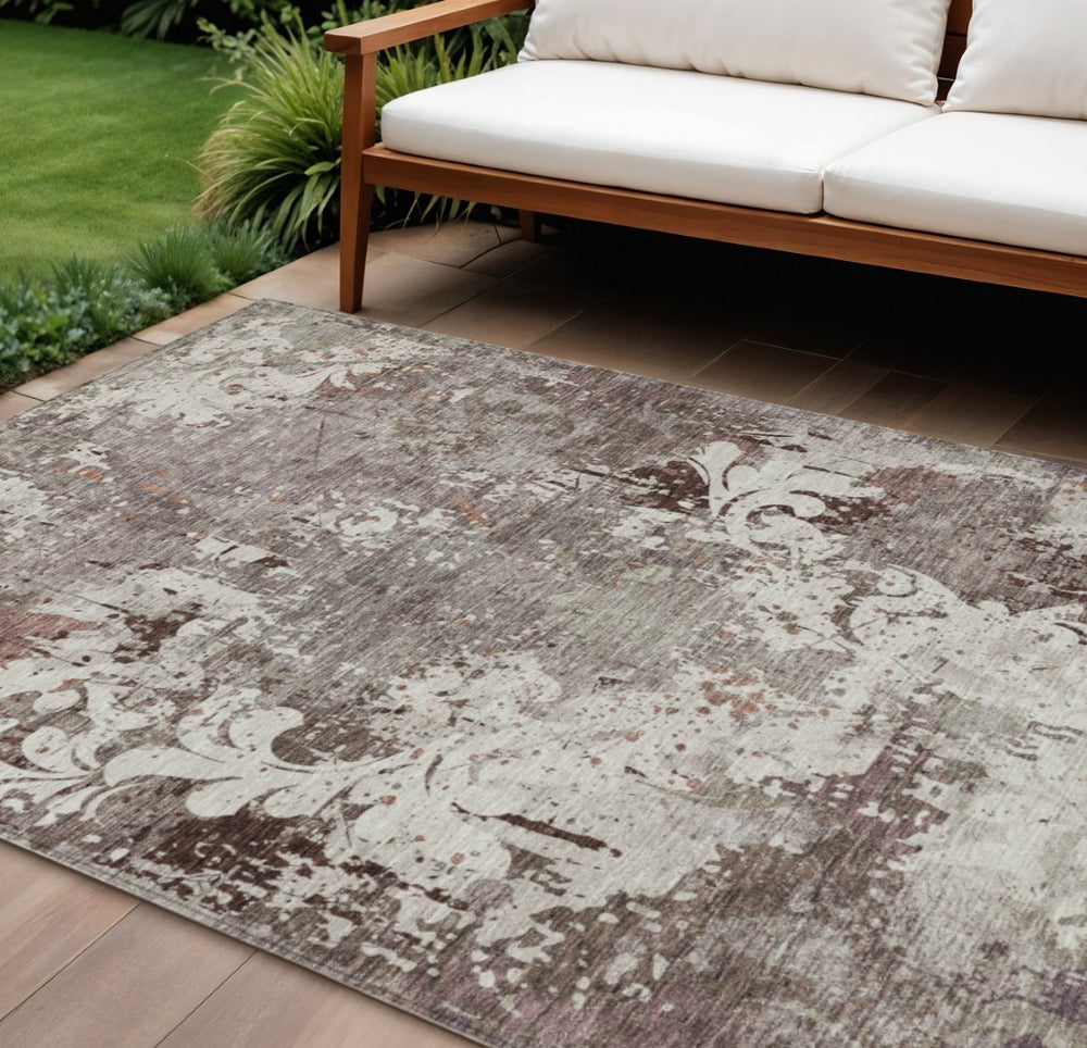 HomeRoots 9' X 12' Taupe, Ivory & Brown Damask Area Rug - Washable, Durable, Stylish for Indoor & Outdoor Use 596403
