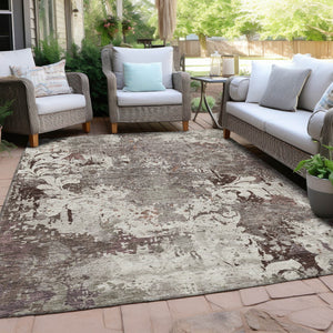 Homeroots 3' Elegant Brown Green Ivory Damask Washable Area Rug For Indoor And Outdoor Spaces - Durable Design 9' X 12' Polyester 596403