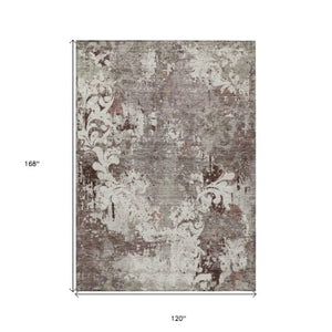 Homeroots 3' Elegant Brown Green Ivory Damask Washable Area Rug For Indoor And Outdoor Spaces - Durable Design 10' X 14' Polyester 596404