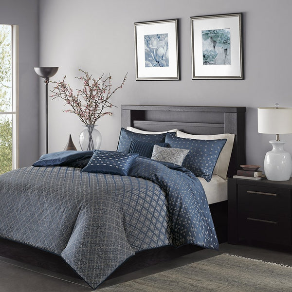 JLA Home Madison Park - 6 Jacquard Duvet Cover Set with Ombre Sequin-Like Texture, 6-Piece Contemporary Glam Bedding Ensemble Navy MP12-3737