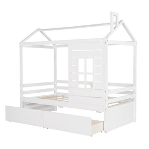 HomeRoots White Wood Twin House Bed with Storage Drawers - Charming Design for Kids' Rooms, Durable & Stylish 596410