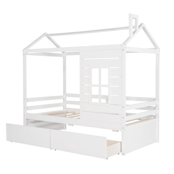 HomeRoots White Wood Twin House Bed with Storage Drawers - Charming Design for Kids' Rooms, Durable & Stylish 596410