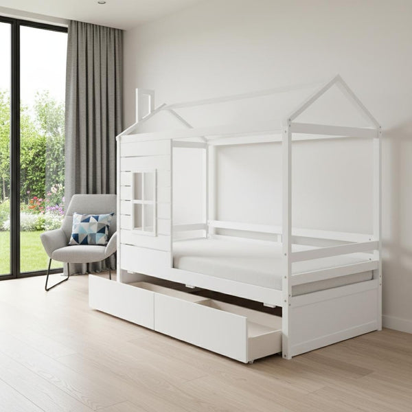 HomeRoots White Wood Twin House Bed with Storage Drawers - Charming Design for Kids' Rooms, Durable & Stylish 596410
