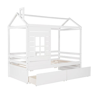 HomeRoots White Wood Twin House Bed with Storage Drawers - Charming Design for Kids' Rooms, Durable & Stylish 596410