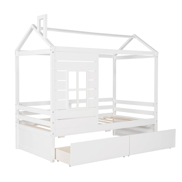 HomeRoots White Wood Twin House Bed with Storage Drawers - Charming Design for Kids' Rooms, Durable & Stylish 596410