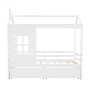 HomeRoots White Wood Twin House Bed with Storage Drawers - Charming Design for Kids' Rooms, Durable & Stylish 596410