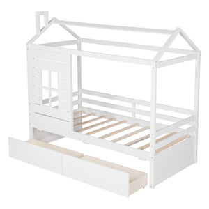 HomeRoots White Wood Twin House Bed with Storage Drawers - Charming Design for Kids' Rooms, Durable & Stylish 596410