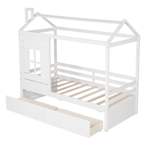 HomeRoots White Wood Twin House Bed with Storage Drawers - Charming Design for Kids' Rooms, Durable & Stylish 596410
