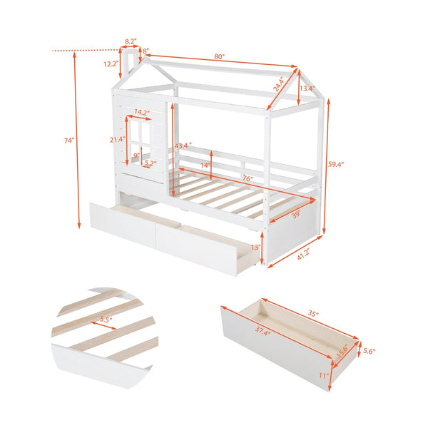 HomeRoots White Wood Twin House Bed with Storage Drawers - Charming Design for Kids' Rooms, Durable & Stylish 596410
