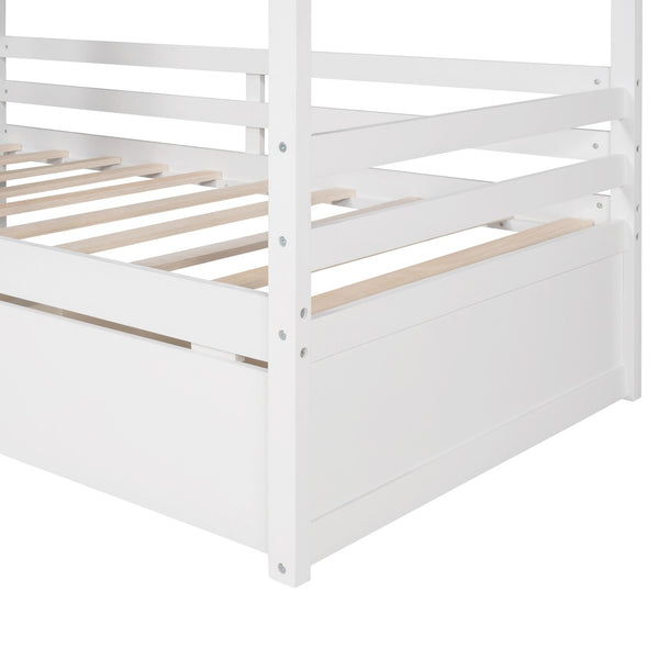 HomeRoots White Wood Twin House Bed with Storage Drawers - Charming Design for Kids' Rooms, Durable & Stylish 596410
