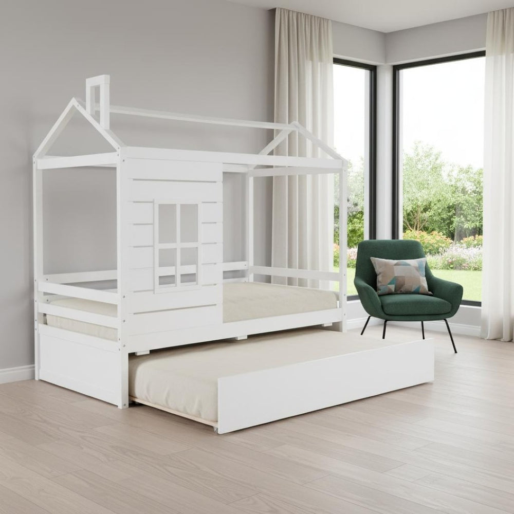 HomeRoots White Wood Twin House Bed with Trundle, Stylish Space-Saving Design for Kids' Rooms and Guests 596411