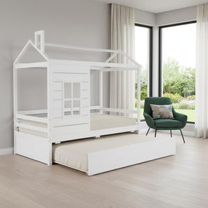 HomeRoots White Wood Twin House Bed with Trundle, Stylish Space-Saving Design for Kids' Rooms and Guests 596411