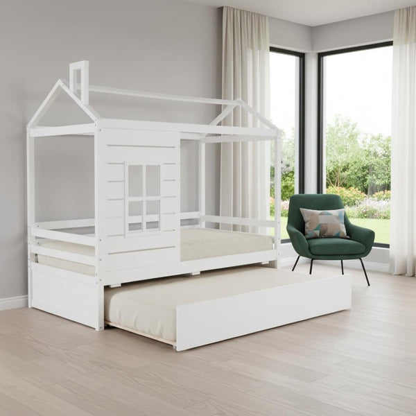 HomeRoots White Wood Twin House Bed with Trundle, Stylish Space-Saving Design for Kids' Rooms and Guests 596411