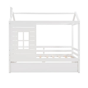 HomeRoots White Wood Twin House Bed with Trundle, Stylish Space-Saving Design for Kids' Rooms and Guests 596411