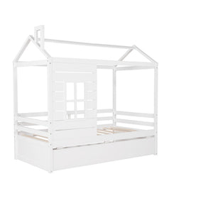 HomeRoots White Wood Twin House Bed with Trundle, Stylish Space-Saving Design for Kids' Rooms and Guests 596411