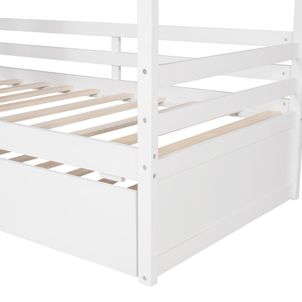 HomeRoots White Wood Twin House Bed with Trundle, Stylish Space-Saving Design for Kids' Rooms and Guests 596411