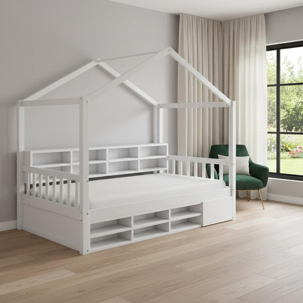 HomeRoots White Wood Twin House Bed Frame – Modern, Durable Design with Sturdy Slats & Easy Assembly for Kids 596412