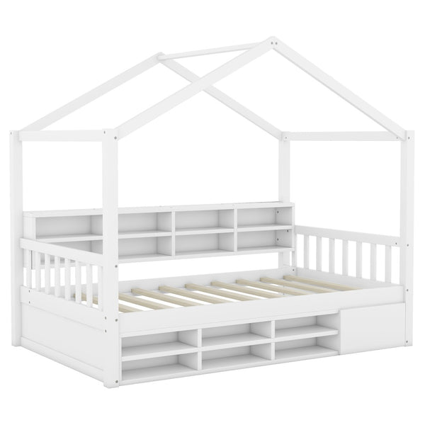 HomeRoots White Wood Twin House Bed Frame – Modern, Durable Design with Sturdy Slats & Easy Assembly for Kids 596412
