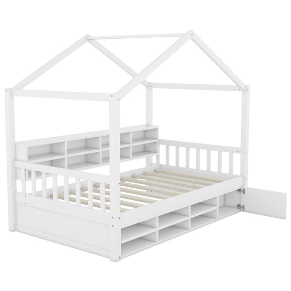 HomeRoots White Wood Twin House Bed Frame – Modern, Durable Design with Sturdy Slats & Easy Assembly for Kids 596412