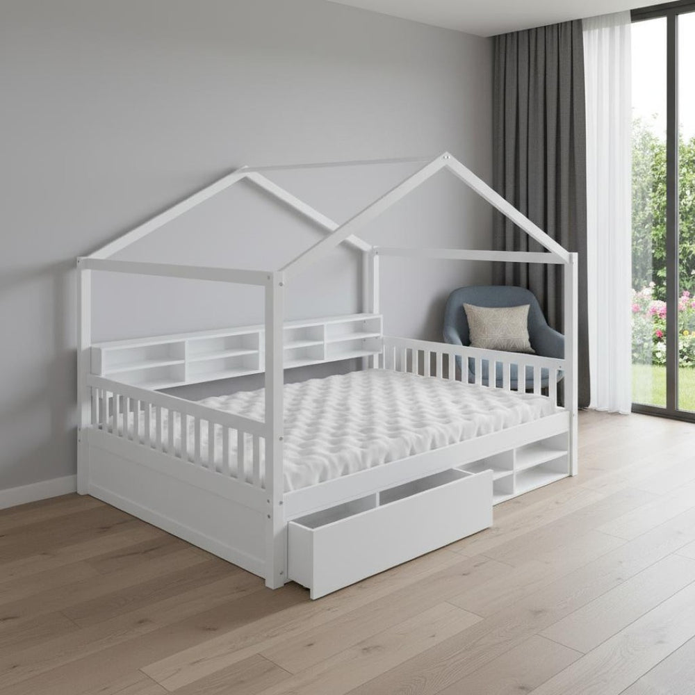 HomeRoots White Wood Full House Bed - Cozy Modern Platform Design with Durable Support for Ultimate Comfort 596413
