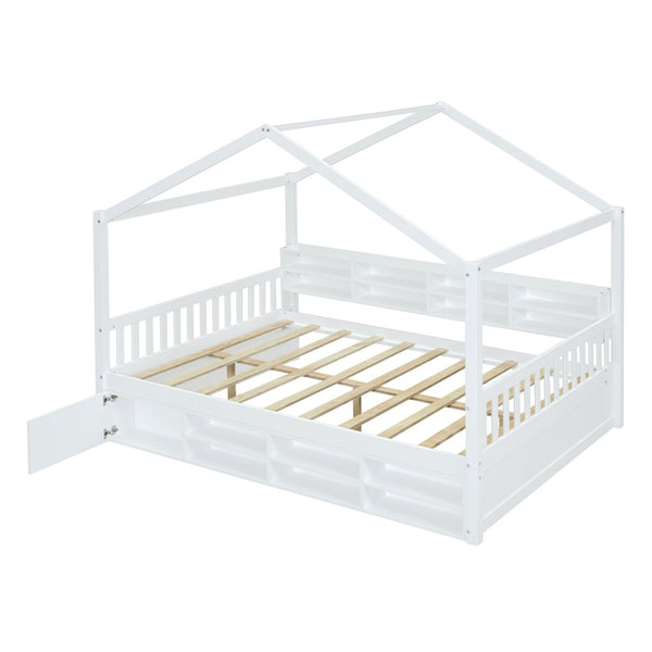 HomeRoots White Wood Full House Bed - Cozy Modern Platform Design with Durable Support for Ultimate Comfort 596413