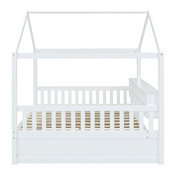 HomeRoots White Wood Full House Bed - Cozy Modern Platform Design with Durable Support for Ultimate Comfort 596413