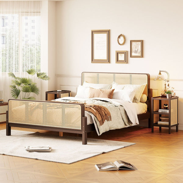 HomeRoots Walnut Wood Full Bed Frame - Elegant Low-Profile Design with Durable Construction & Slatted Support 596414
