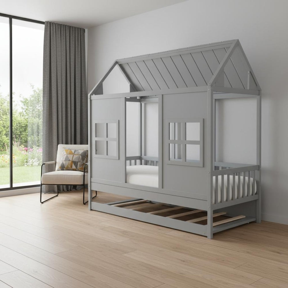 HomeRoots Gray Wood Twin House Bed with Trundle - Stylish, Durable, Space-Saving Sleep Solution for Kids 596415