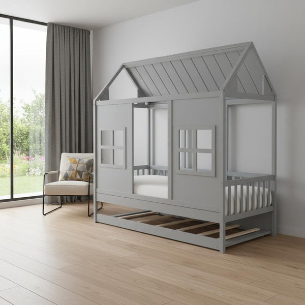 HomeRoots Gray Wood Twin House Bed with Trundle - Stylish, Durable, Space-Saving Sleep Solution for Kids 596415