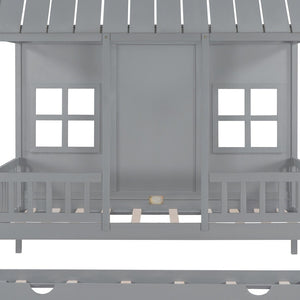 HomeRoots Gray Wood Twin House Bed with Trundle - Stylish, Durable, Space-Saving Sleep Solution for Kids 596415