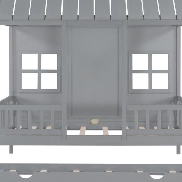 HomeRoots Gray Wood Twin House Bed with Trundle - Stylish, Durable, Space-Saving Sleep Solution for Kids 596415