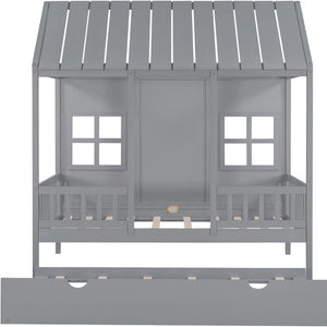 HomeRoots Gray Wood Twin House Bed with Trundle - Stylish, Durable, Space-Saving Sleep Solution for Kids 596415