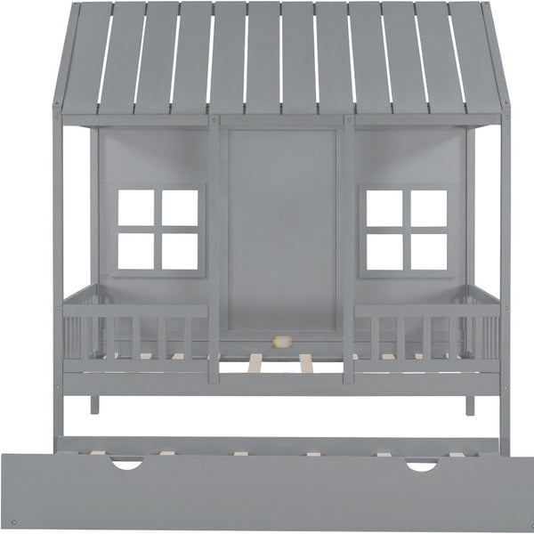 HomeRoots Gray Wood Twin House Bed with Trundle - Stylish, Durable, Space-Saving Sleep Solution for Kids 596415