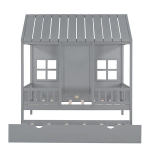 HomeRoots Gray Wood Twin House Bed with Trundle - Stylish, Durable, Space-Saving Sleep Solution for Kids 596415
