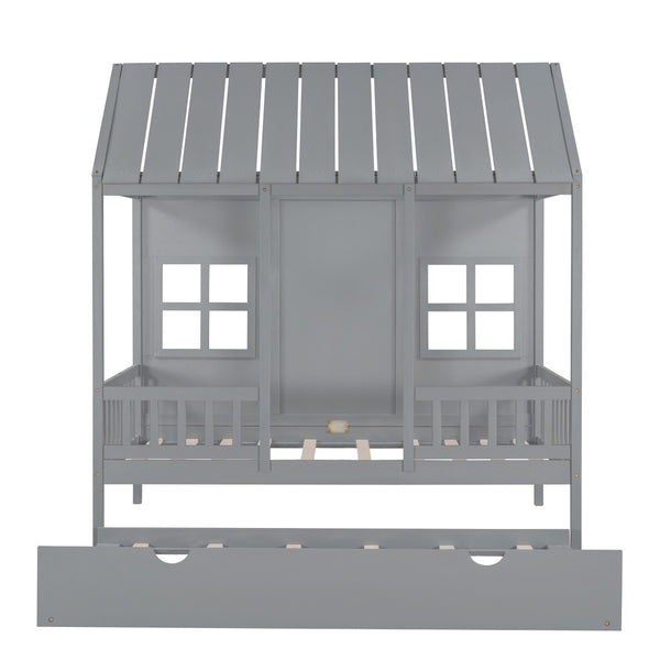 HomeRoots Gray Wood Twin House Bed with Trundle - Stylish, Durable, Space-Saving Sleep Solution for Kids 596415