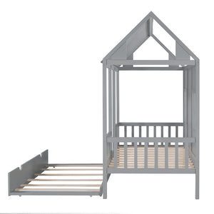 HomeRoots Gray Wood Twin House Bed with Trundle - Stylish, Durable, Space-Saving Sleep Solution for Kids 596415