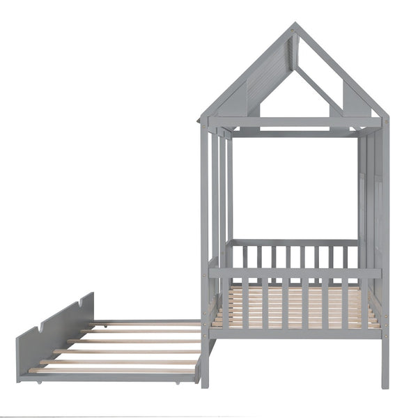 HomeRoots Gray Wood Twin House Bed with Trundle - Stylish, Durable, Space-Saving Sleep Solution for Kids 596415