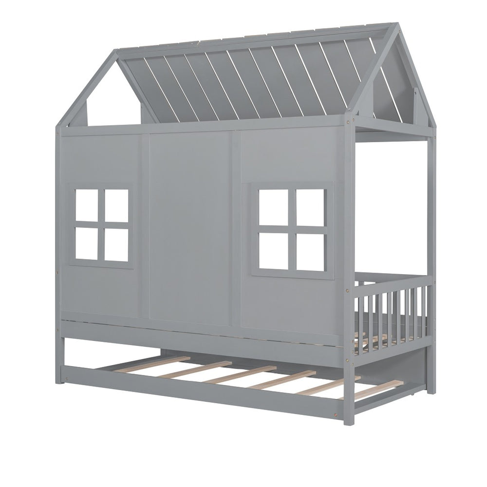 HomeRoots Gray Wood Twin House Bed with Trundle - Stylish, Durable, Space-Saving Sleep Solution for Kids 596415