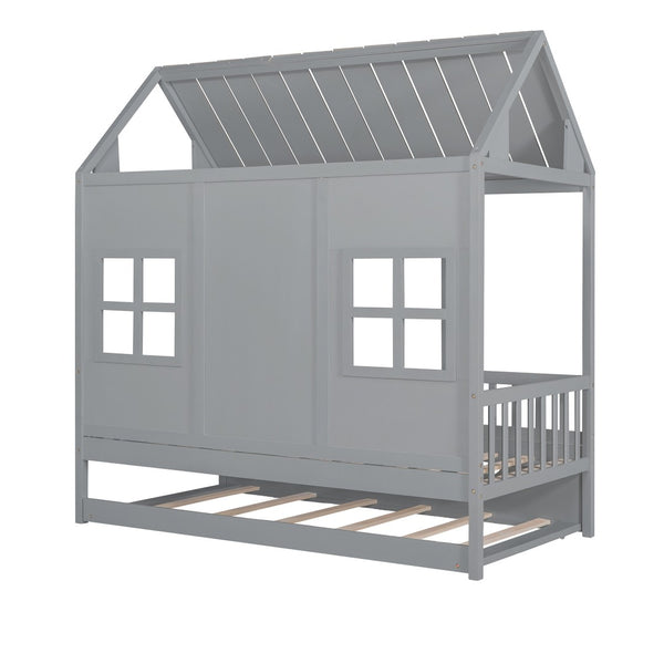 HomeRoots Gray Wood Twin House Bed with Trundle - Stylish, Durable, Space-Saving Sleep Solution for Kids 596415