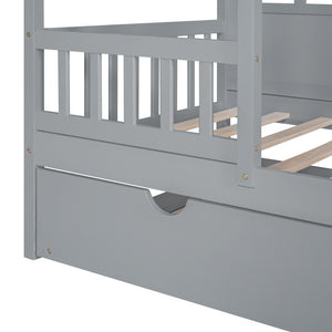HomeRoots Gray Wood Twin House Bed with Trundle - Stylish, Durable, Space-Saving Sleep Solution for Kids 596415